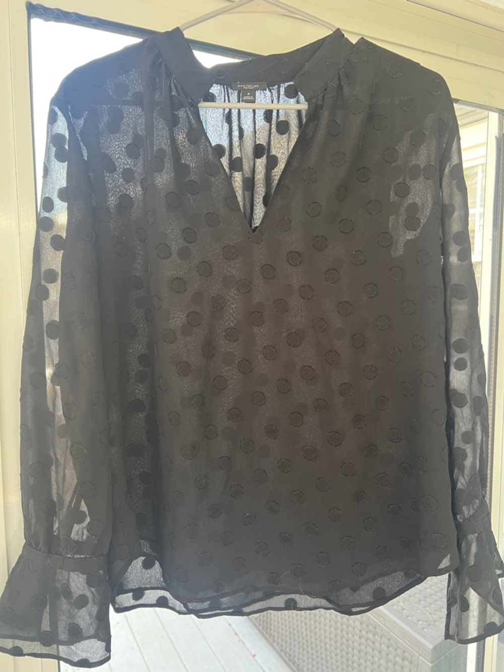 Ann Taylor Black Sheer Polka Dot V-Neck Blouse Size M